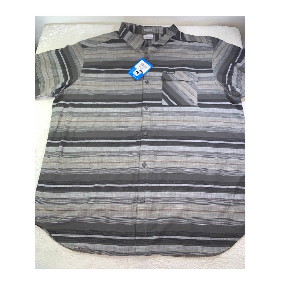Columbia Surf Pines Mens XXL Short Sleeve Button Down Shirt Striped Grey NWT‎
